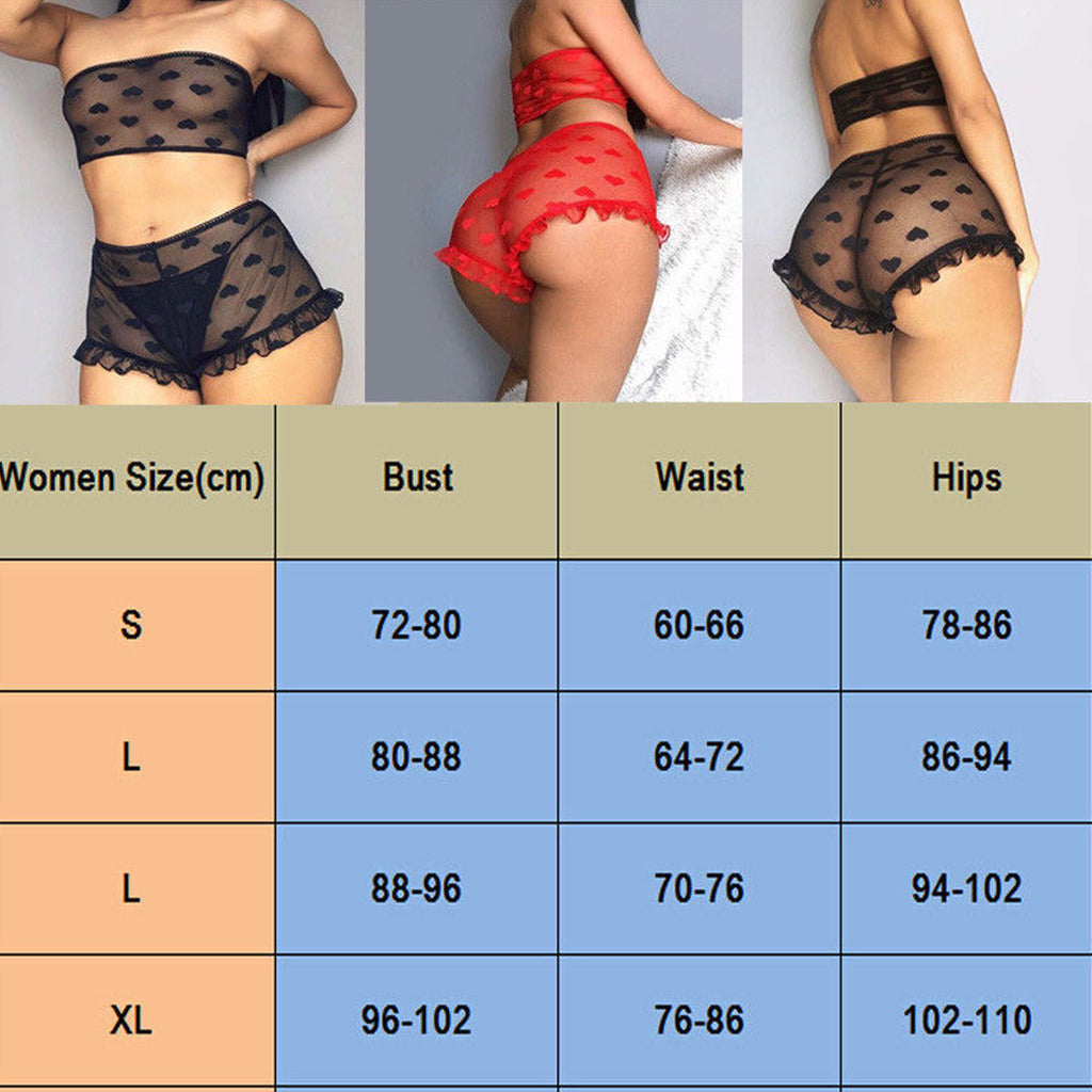 Mesh Sheer Heart Bra Set Women Sexy Lingerie Ruffle Style
