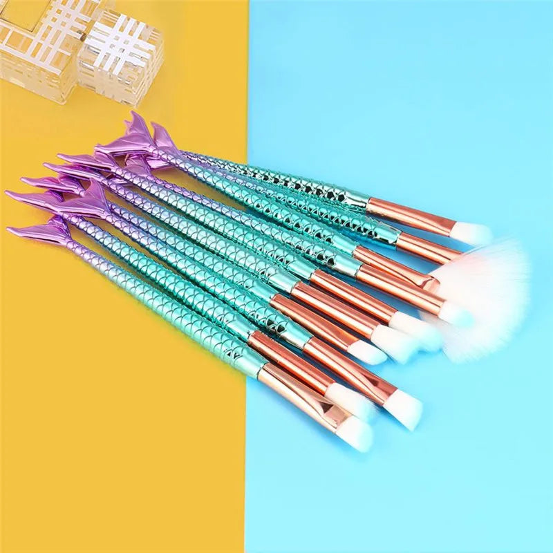 11PC Mermaid Makeup Brushes Foundation Eyebrow Eyeliner Blush Powder Cosmetic Concealer