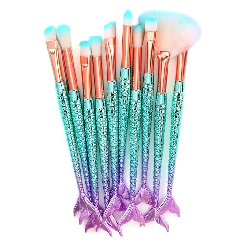 11PC Mermaid Makeup Brushes Foundation Eyebrow Eyeliner Blush Powder Cosmetic Concealer