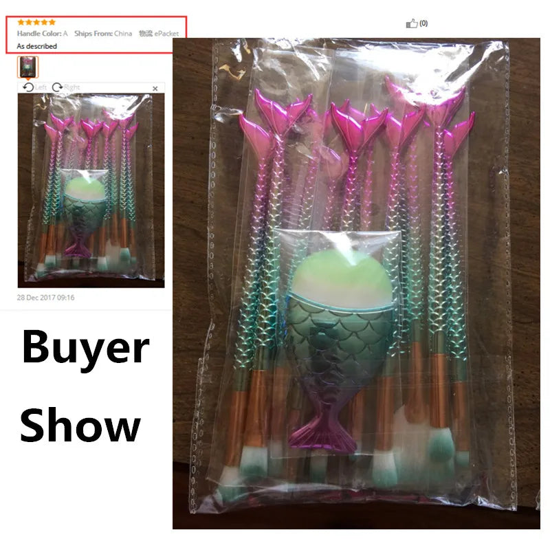 11PC Mermaid Makeup Brushes Foundation Eyebrow Eyeliner Blush Powder Cosmetic Concealer