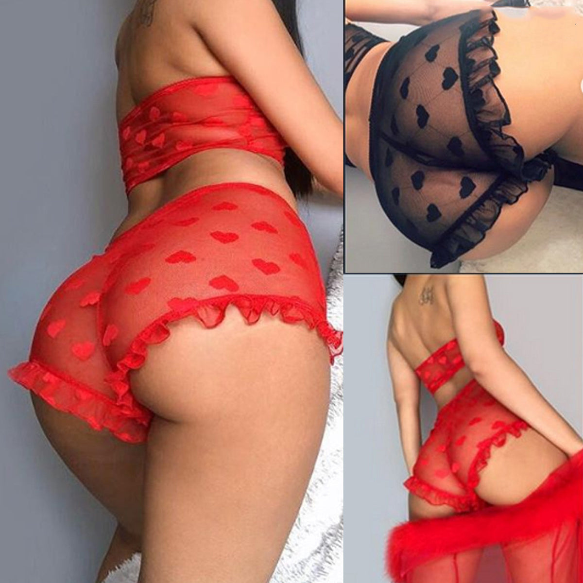 Mesh Sheer Heart Bra Set Women Sexy Lingerie Ruffle Style