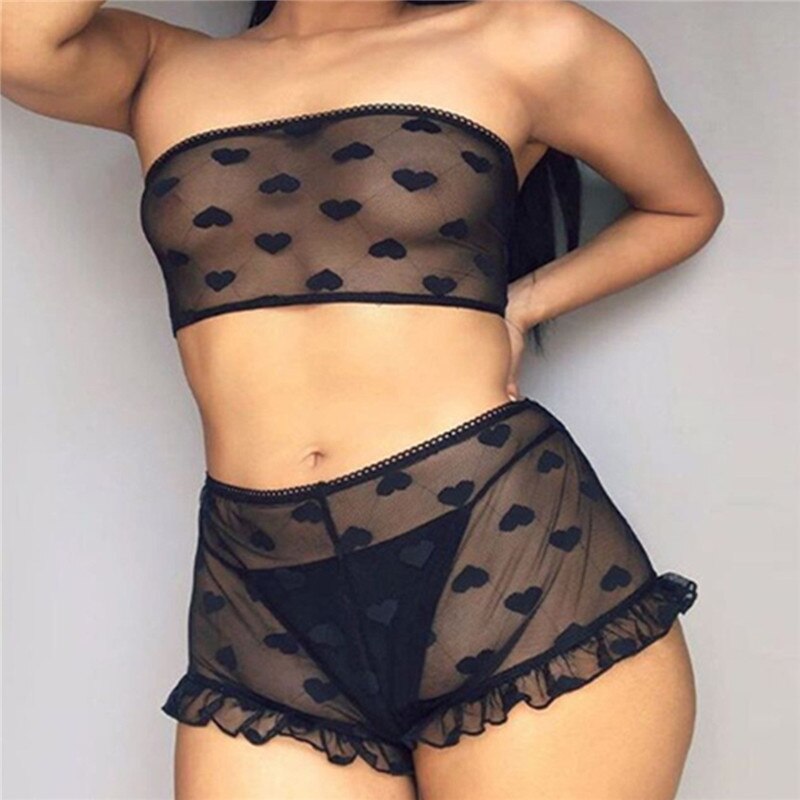 Mesh Sheer Heart Bra Set Women Sexy Lingerie Ruffle Style